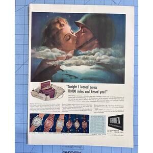 1942 Gruen Watch WWII Tonight I Leaned Across 10,000 Miles Home Front Print Ad